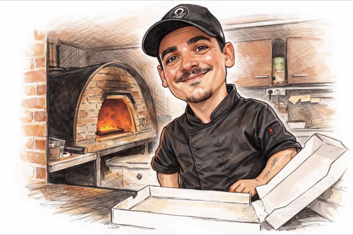 Illustration du pizzaiolo devant son four à bois